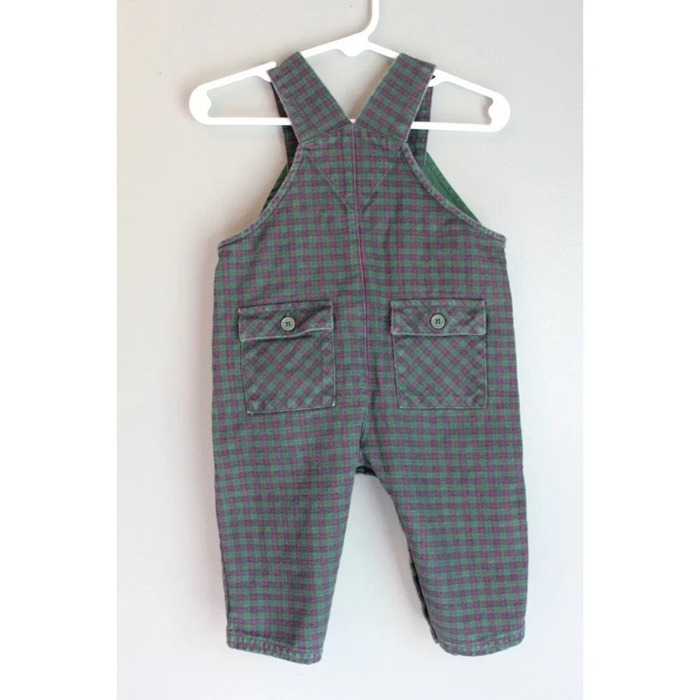 Vintage Starting Out Plaid Green Baby Overalls Size 9M 100% Cotton